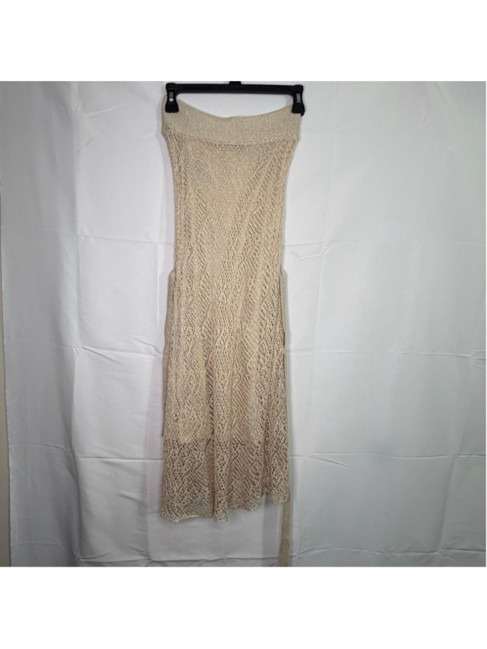 Vintage Bebe Metallic Crochet Knit Dress Strapless Maxi Champagne Boho Y2K XS